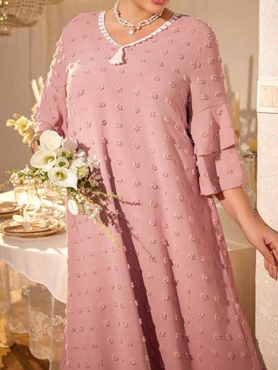 SHEIN 大码女式休闲波尔卡圆点提花荷叶边袖睡袍