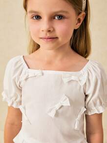 SHEIN Young Girls Elegant Cream Bow Decor Puff Sleeve Top And Mini Skirt Set - White - View 4