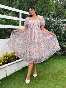 SHEIN EZwear Floral Print Plus Size Women Square Neck Puff Sleeve Princess Mini Dress - Pink - View 4