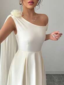 Selianne Floral Asymmetrical Neck Elegant Long Dress With Ribbon Detail For Women - Apricot - View 5