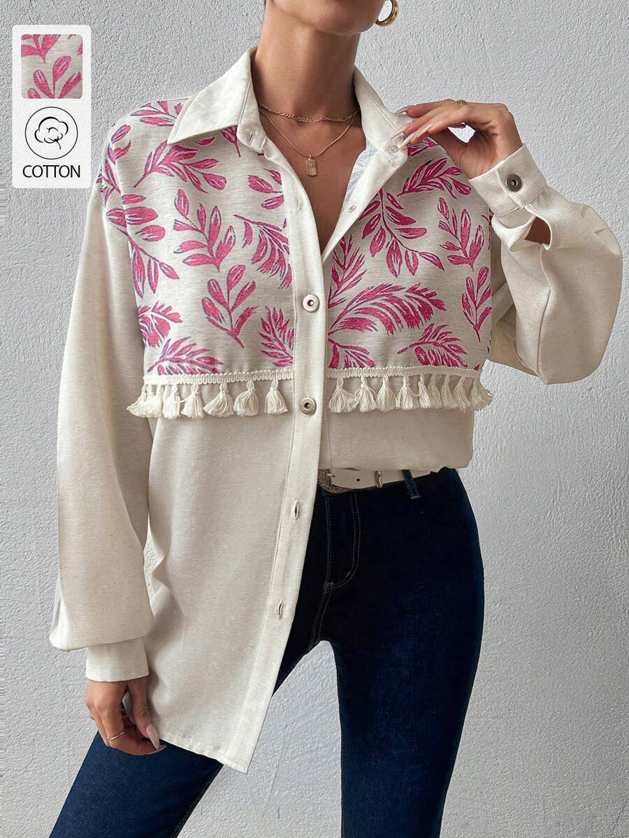 EURMUSE 100%Cotton Open Placket Blouse With Tassels And Tribe Print - Pink - View 1