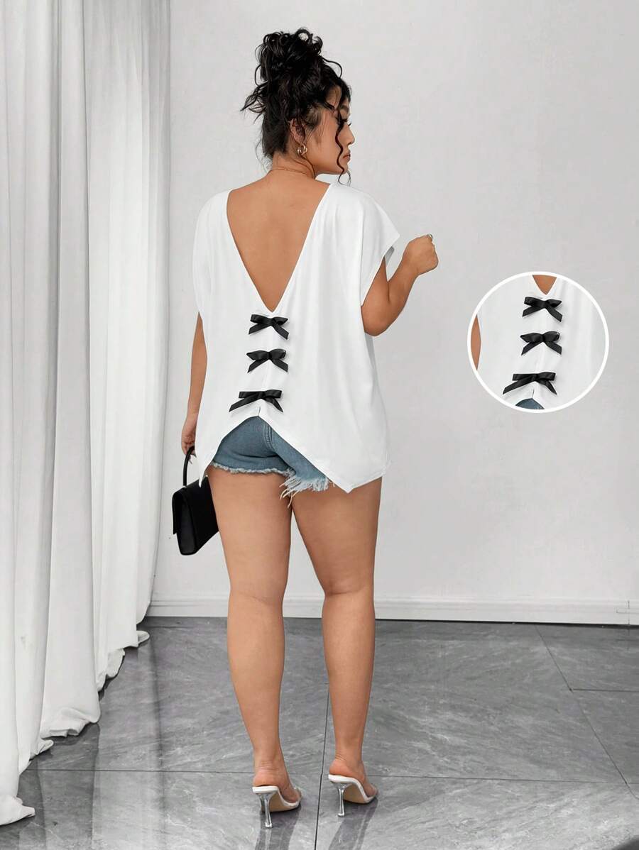 Elenzga Plus Size V-Neck Bowknot Decor Short Sleeve T-Shirt - White - View 1