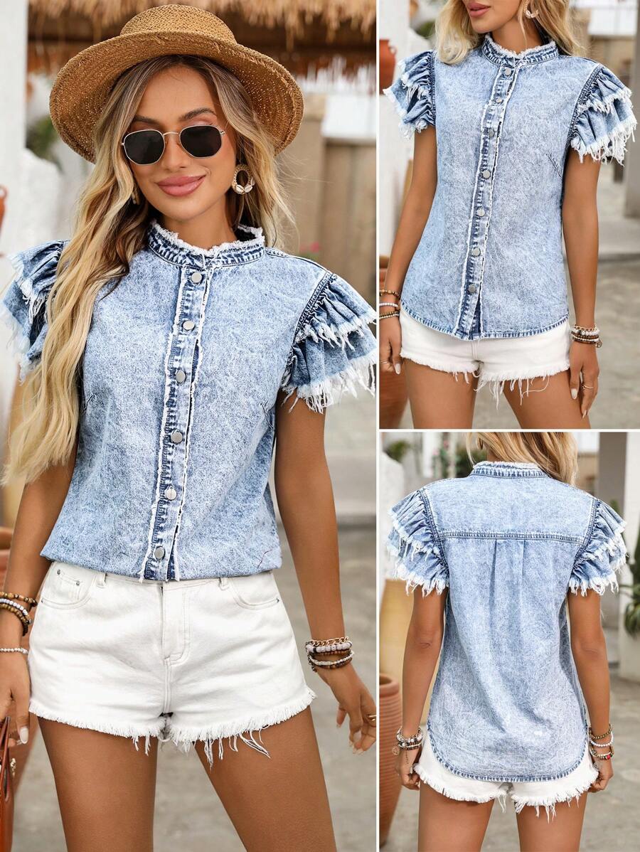 SHEIN Holidaya Women's Casual Front Button Frayed Hem Short Sleeve — free download