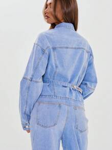 MUSERA Contrast Stitch Balloon Sleeve Denim Jacket Only Spring Street Style Y2k 90's Western Concert Evening Party Elegant - Blue - View 2