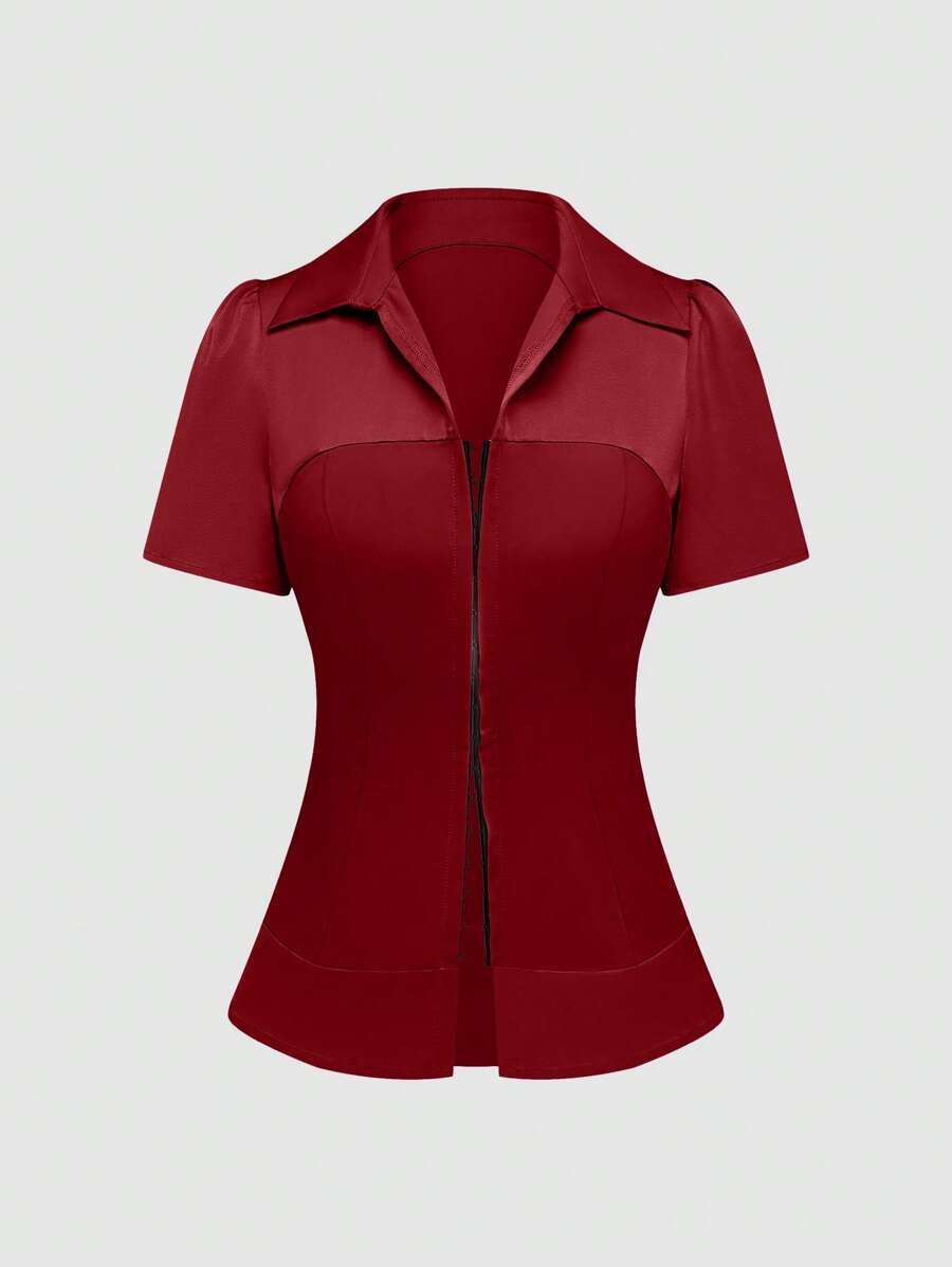 SHEIN Unity Women's Collared Short Sleeve Button-Up Shirt, Solid Color, Fashion, Suitable For Summer - Burgundy - View 1