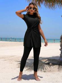Swim Mulvari New Women Summer Crew Neck Short Sleeve Side Twist Knot Dress + Shorts Black Casual Vacation Burkini Set - Black - View 1