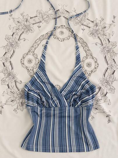 Rina Fox Casual Striped Backless Halter Crop Top, Summer