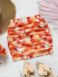 Soleia تنورة جسم ضيقة قصيرة محبوكة بطبعة مجردة باللون الأحمر مربوطة بربطة للحفلات النسائية