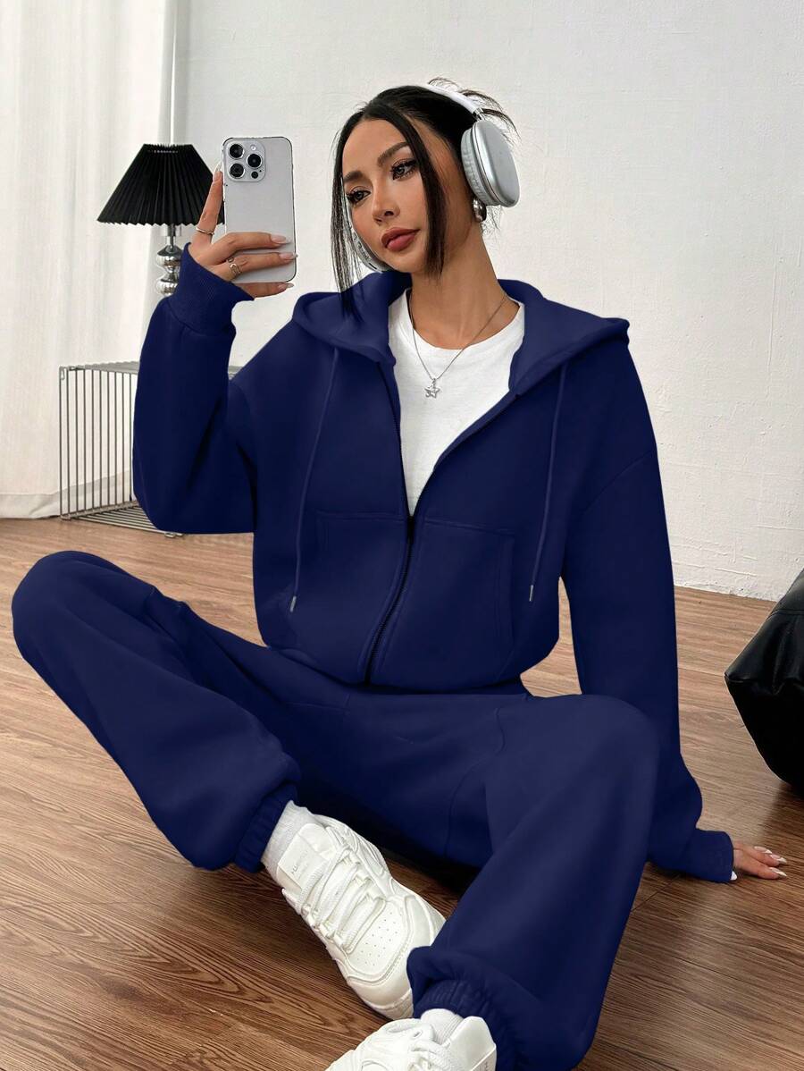 INAWLY 2件套女士纯色连帽运动衫和抽绳裤套装