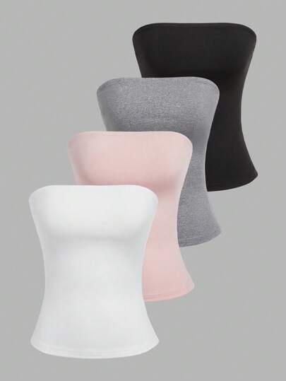 SHEIN EZwear 4 piezas Tops de camisola ajustados de unicolor para mujer, aptos para el verano