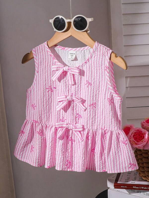 SHEIN Young Girl Woven Striped Bow Print Sleeveless Casual Shirt