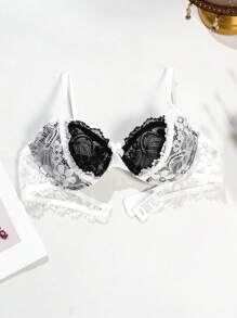 SHEIN Women Lace Insert Minimalist Lingerie Bra, Fashionable For Summer - Black and White - View 7