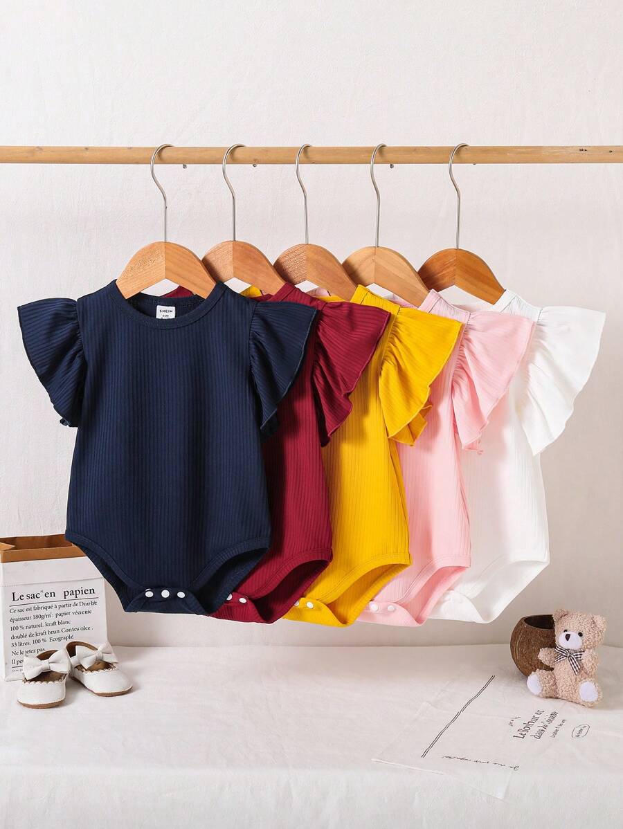 5pcs/Set Round Neck Ruched Cap Sleeve Bodysuits, Bodycon Fit, Multi-Color - Multicolor - View 1