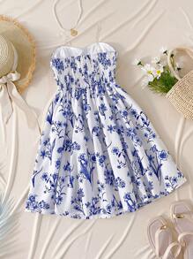 Tween Girls Ditsy Floral Printed Strapless Princess Dress, A-Line For Beach Party, Garden Wedding, Blueholiday,Summer,Travel,Getaway - Blue and White - View 2