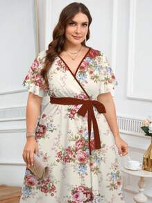 Modelyn Plus Size Elegant Floral Print Summer Dress - Multicolor - View 3