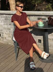 Livesso Women Solid Color Loose Round Neck Short Sleeve Drawstring Casual Elegant Floor Length Summer Dress Linen