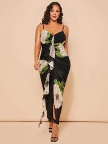 SHEIN BAE 大码女式褶皱罩杯紧身优雅长裙，带荷叶边装饰，花卉印花连衣裙，婚礼服装，伴娘礼服，小礼服，宴会礼服，母亲节，7月4日，女士夏季服装，女士毕业礼服，女士夏季礼服，女士优雅连衣裙，花卉连衣裙，女士生日礼服