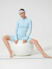 GLOWMODE FeatherFit™ Slim-It Streamline Performance Secure Pockets Zip Up Long Sleeve Jacket Low Impact Yoga Pilates Daily Valentine's Day - Aqua Blue - View 6