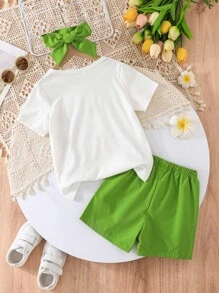 2pcs/Set Young Girls Stylish Colorful Floral Round Neck Short Sleeve T-Shirt And Shorts Set, Spring/Summer - Green - View 2