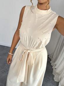 Elenzga Combinaison longue élégante et simple pour femmes, avec col noué, perle bulleuse, sans manches, taille nouée, de couleur abricot, pour l'été - Nude - Voir 6