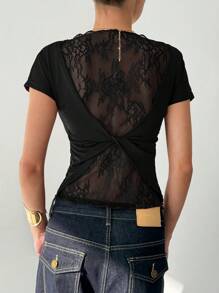 Aloruh Women's Burgundy Lace Sheer Back Sexy T-Shirt - Black - View 2