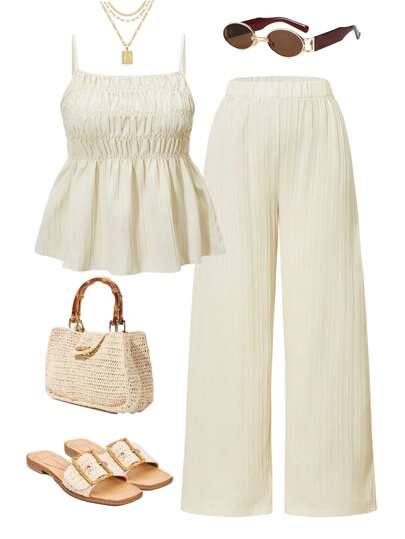 2pcs/Set Teen Girls Camisole Top & Wide Leg Pants Outfit Set, Casual Suits For Summer Summer Holiday