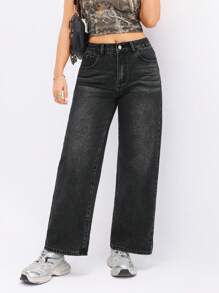 SHEIN PETITE Classic Solid Pocket Button Straight-Leg Casual Jeans