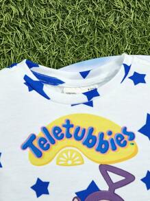 Teletubbies X SHEIN 2 件装男婴卡通星星印花撞色短袖 T 恤和短裤夏季服装 - 藍色 - 查看 4