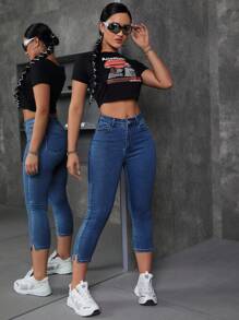 SHEIN EZwear Women's Pocketed Fitted Casual Versatile 7/8 Length Jeans