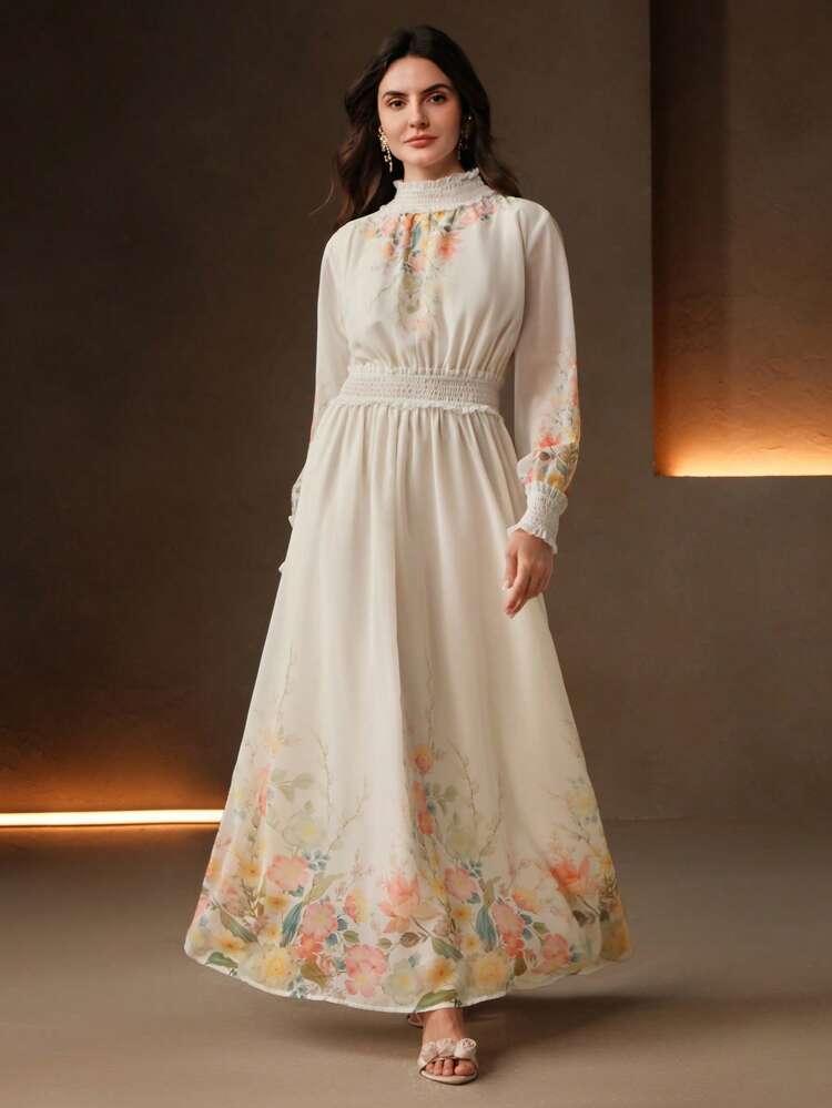 Women's Elegant Floral Print Puff Sleeve Frill Trim Elastic Waist Mini Dress