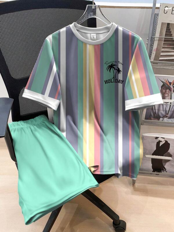 SHEIN Tween Boy Casual Fashionable Vacation Striped Colorblock Graphic Tee And Shorts 2pcs Outfit, Palm Tree Silhouette Printed, Suitable For Summer