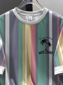 SHEIN Teen Boy Casual Fashionable Vacation Striped Colorblock Graphic Tee And Shorts 2pcs Outfit, Palm Tree Silhouette Printed, Suitable For Summer - Multicolor - View 2