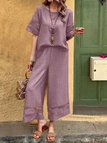 EMERY ROSE Conjunto informal de mujer con empalme de malla de estilo bohemio - Morado - Ver 4