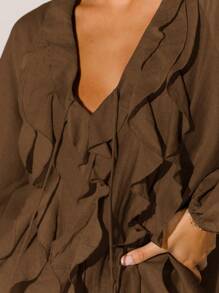 Aralina Winter/Fall Semi Sheer Ruffled V-Neck Long Sleeve Front Tie Blouse - Chocolate Brown - View 2