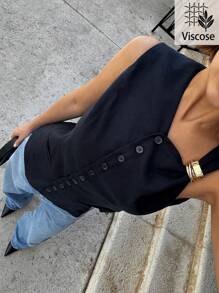 SHEIN Essnce Chaleco ajustado de unicolor con decoración de hebilla de metal y diseño asimétrico