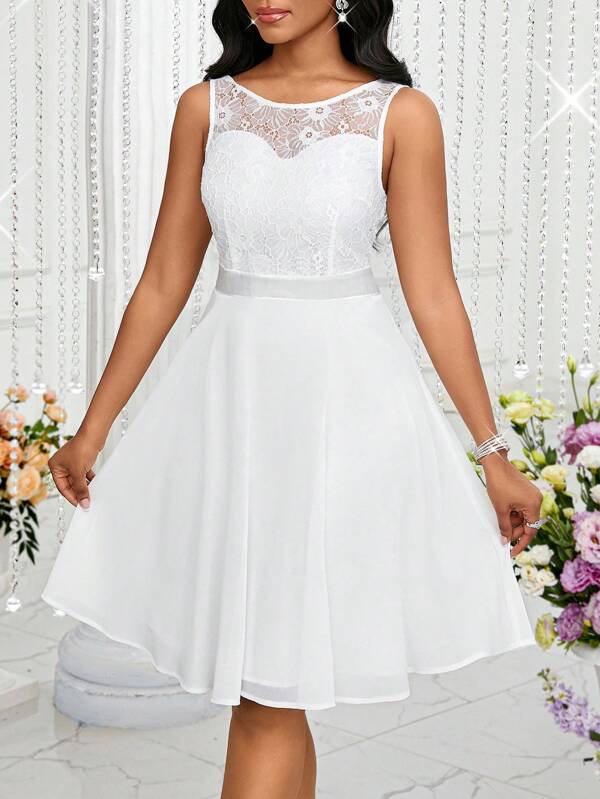 SHEIN Lady Damen sommer elegantes Kontrastspitze tailliertes ärmelloses Kleid, geeignet für Geburtstage & Events / Bürokleidung / Kirchenkleidung / Hochzeitskleider / Urlaubskleider / weiße Kleider