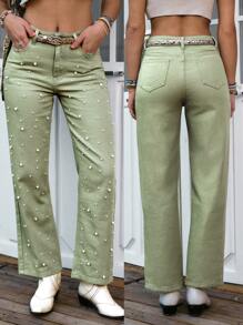 LanaWest Women's Green Washed Denim Faux Pearl Straight Leg Jeans - Army Green - View 1
