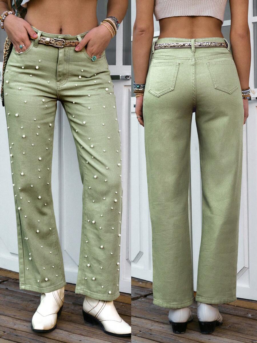LanaWest Women's Green Washed Denim Faux Pearl Straight Leg Jeans - Army Green - View 1