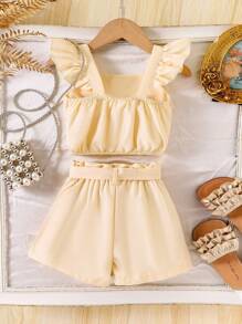 SHEIN Elladie kids 2pcs/Set Young Girl Floral Camisole With Big Bow & Solid Color Shorts With Pockets, Children Casual Summer Holiday Outfit - Yellow - View 2