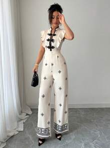 Elenzga Women's Elegant Chinese Style Button Ruffle Hem Printed Jumpsuit - Apricot - View 4