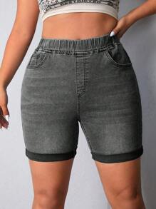 SHEIN LUNE Plus Size Denim Shorts, Fashion For Summer - Light Grey - View 6