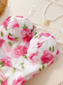 WESTFADE Young Abito da donna ragazza casual ed elegante da vacanza, vestito a balza con cintura in vita, stampa floreale rosa su rete, aderente, mini con fiocco, adatto per scuola, uscite, vacanze, primavera/estate
