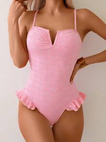 SHEIN 女士性感V型剪裁提花面料细肩带抹胸式连体泳衣，适合夏季度假穿着