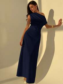 Aloruh Elegant Asymmetrical Neck Waist Ruched A-Line Dress, Slim Fit, Solid Color, Simple Office Wear, Beige - Navy Blue - View 5