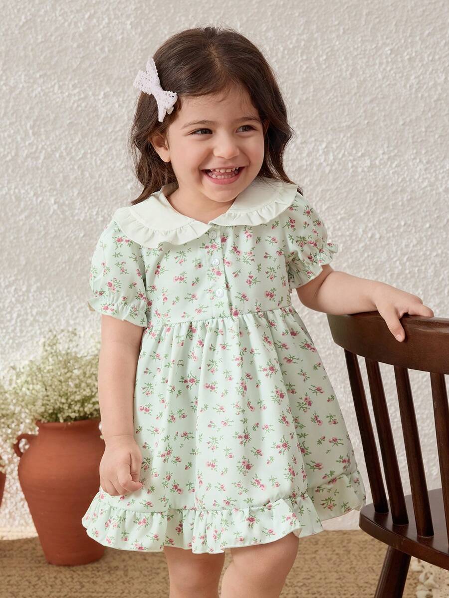 Blossori Baby Girls Ditsy Floral Collar Puff Sleeve Dress - Multicolor - View 1