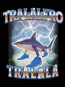 Manfinity Dauomo Men's Regular Tralalero Tralala Interesting Gen Alpha Shark Meme Graphic T-Shirt, Casual American Minimalist Style Short Sleeve Round Neck English Slogan Print Tee