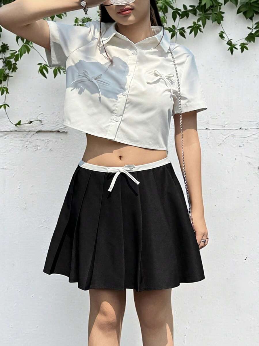 SHEIN Teen Girl Versatile Casual Simple Comfortable Contrast Color Tie Bow Pleated Skirt - Black - View 1