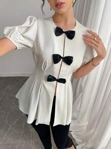 Modelyn Blusa de manga corta con cuello redondo, cintura ajustada con lazo, elegante, grácil y romántica