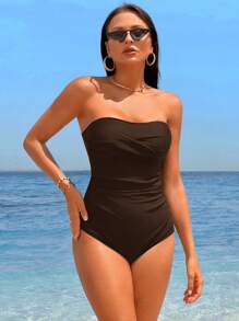 Swim Chiccia 1 件女士纯色抹胸式连体泳衣，夏季时尚