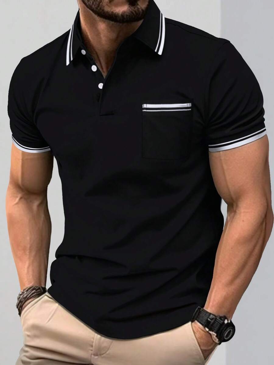 Manfinity Homme Men's Casual Striped Short Sleeve Polo Shirt For Commuting - Black - View 1